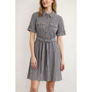 Tory Burch Polka Dot Shirt Dress Sz 8 100% Cotton Belted Navy White Gold Button